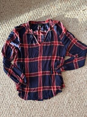 Lucky Brand Navy and Red Plaid V-Neck Tunic with Tie